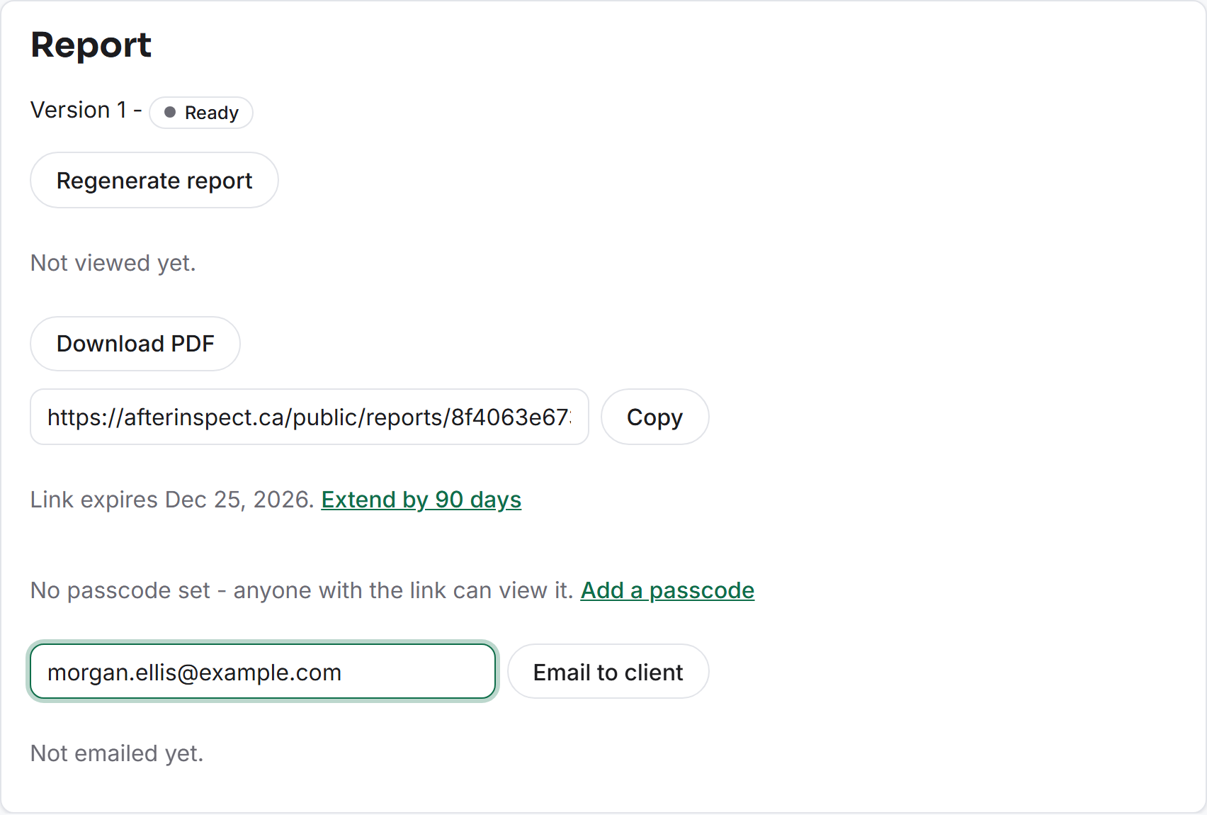 The report panel showing a Ready report with Regenerate report and Download PDF buttons, a published share link, and an email-to-client field.